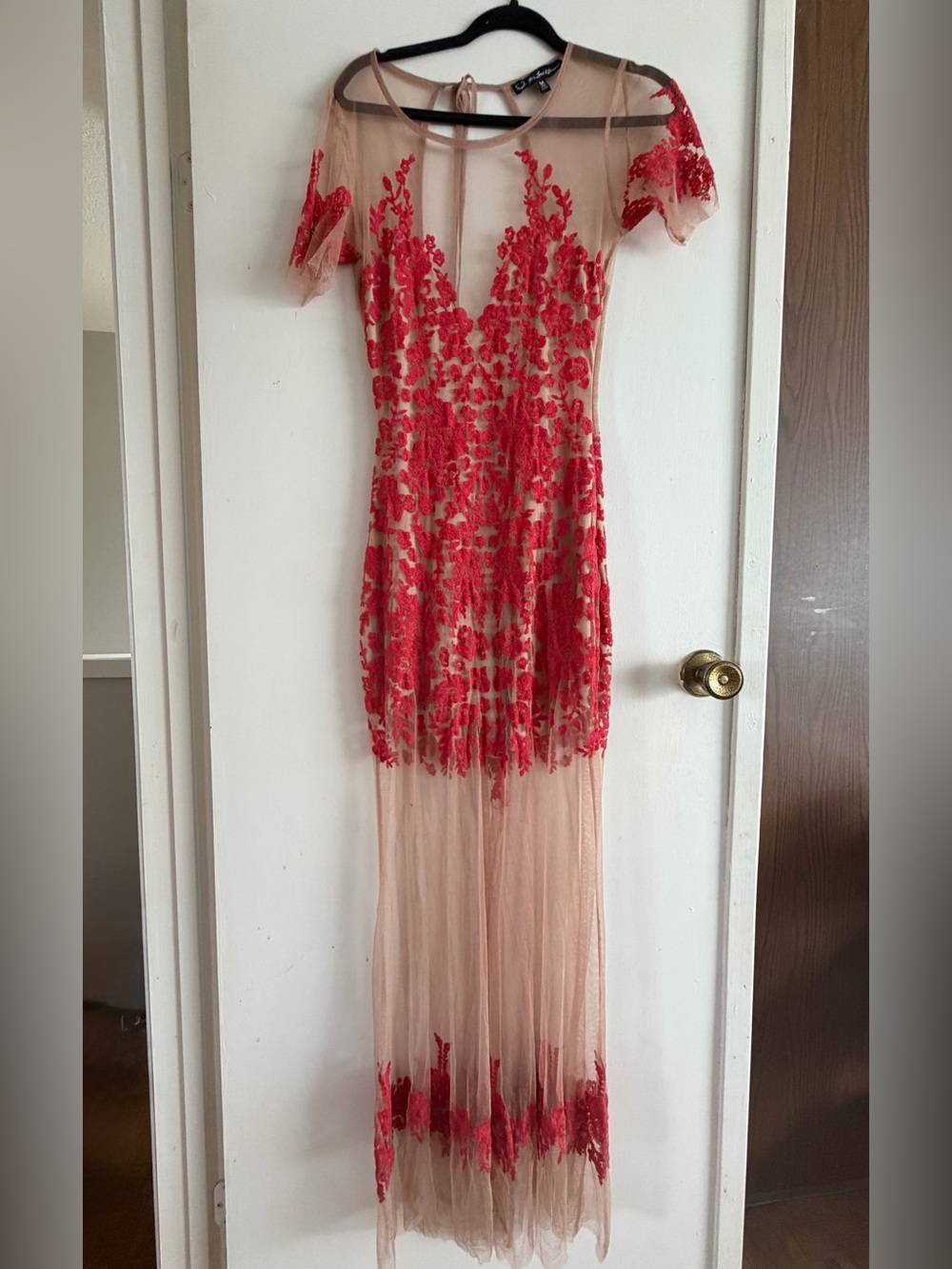 For Love and Lemons Sheer Lace Maxi Dress in Red/Nude